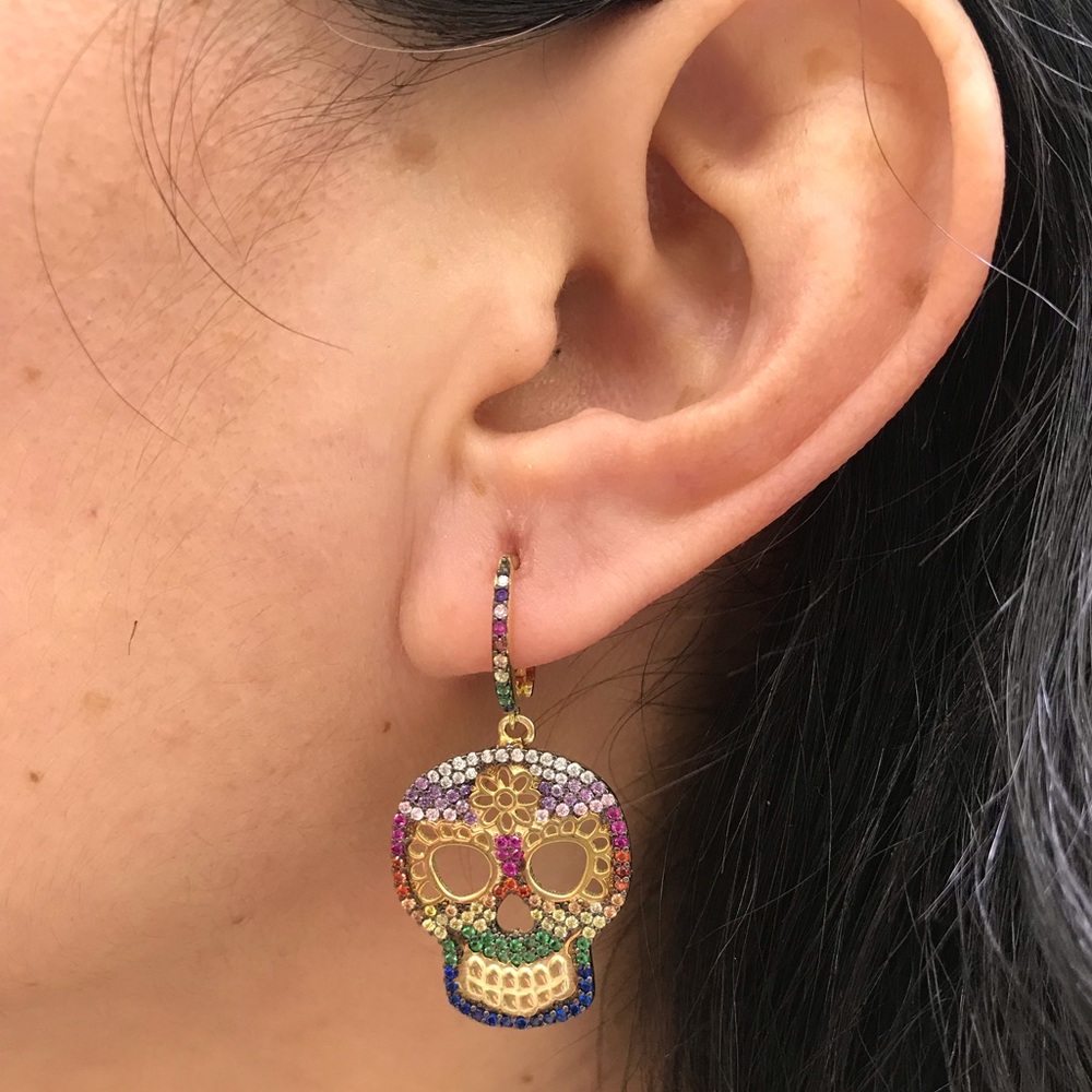 STERLING SILVER RAINBOW COLOR STONES SKULL EARRING